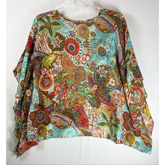 Susan Graver Boho Fall Floral Patchwork Top L Sheer Tunic Caftan Blouse - Picture 9 of 9